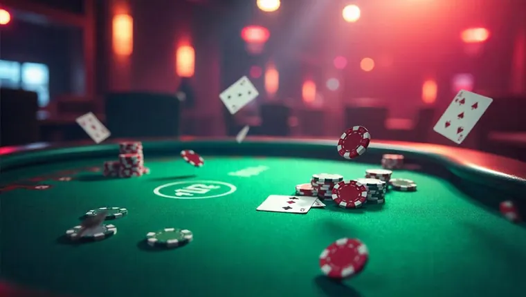 An online poker room interface with multiple player avatars and a pot of chips, conveying competitive spirit